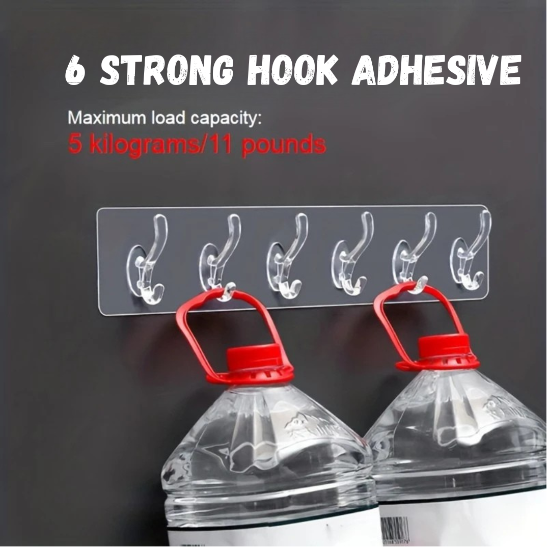Self Adhesive Wall Hooks - 6 Hook Strip