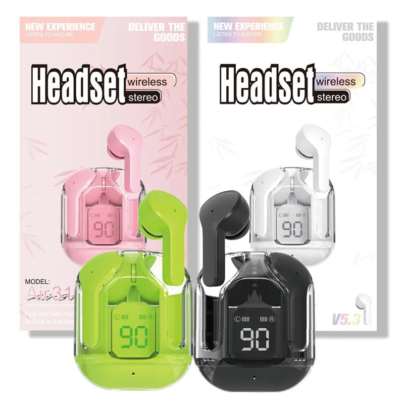 Air 31 TWS earbud headphones with BT5.3 technology: in-ear wireless headphones with a power LED display, touch control, and stereo sound quality.