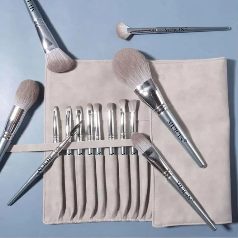 PROFESSIONAL 14-PIECE MAKEUP BRUSH SET IN GREY LEATHER POUCH - FOR THE ULTIMATE BEAUTY ENTHUSIAST