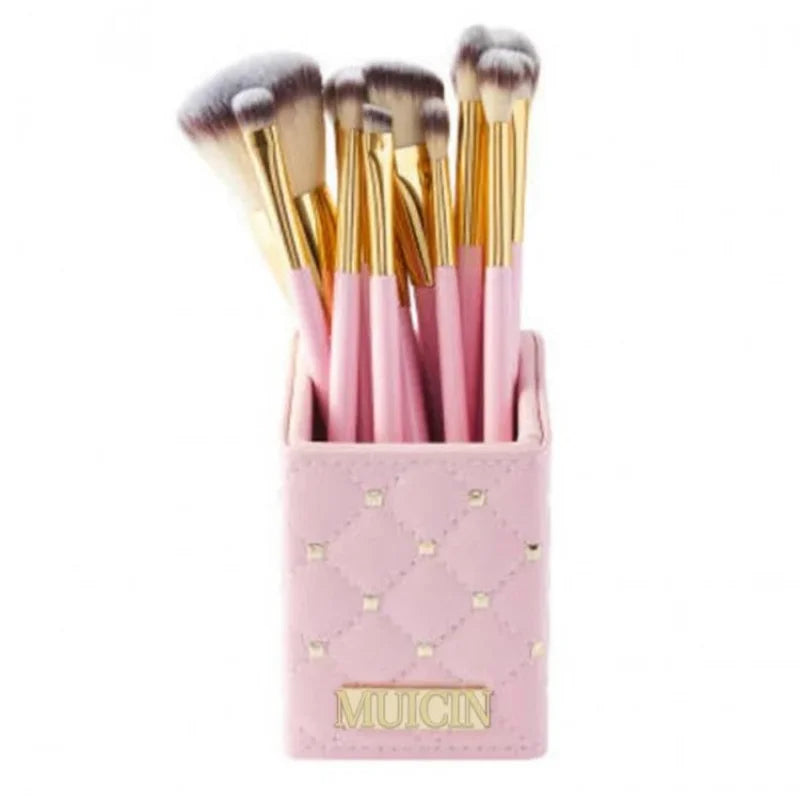 PINK STUDDED NATURAL HAIR MAKEUP BRUSHES - 12 PIECES FOR STYLISH APPLICATION