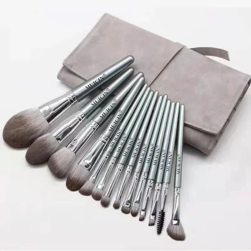 PROFESSIONAL 14-PIECE MAKEUP BRUSH SET IN GREY LEATHER POUCH - FOR THE ULTIMATE BEAUTY ENTHUSIAST