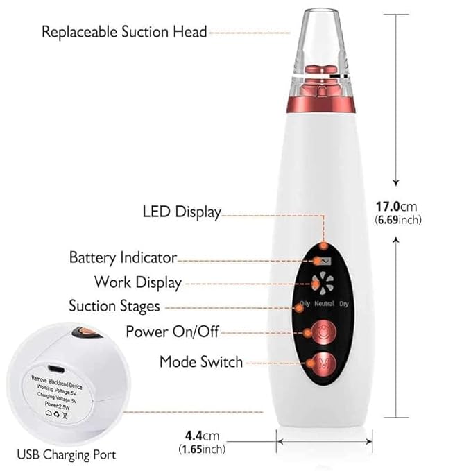 With its upgraded chargeable vacuum machine and three adjustable levels, the ClothyDeal Premium 6 in 1 Multi-Function Blackhead Remover with Pore & Pimple Cleaner has six interchangeable functional heads. (Required)