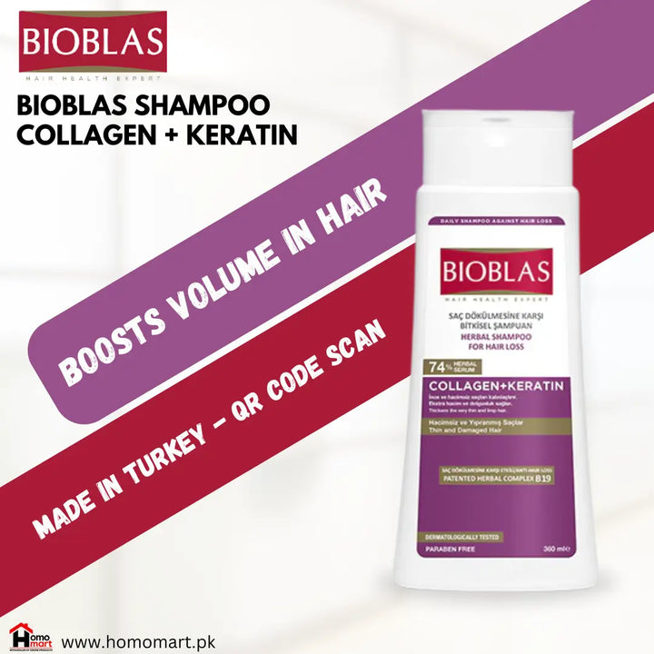 BIOBLAS Collagen+Keratin Shampoo 360ML for hair loss prevention and volume enhancement