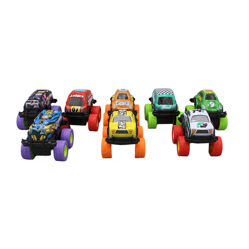 Eight vibrant monster trucks in a pack