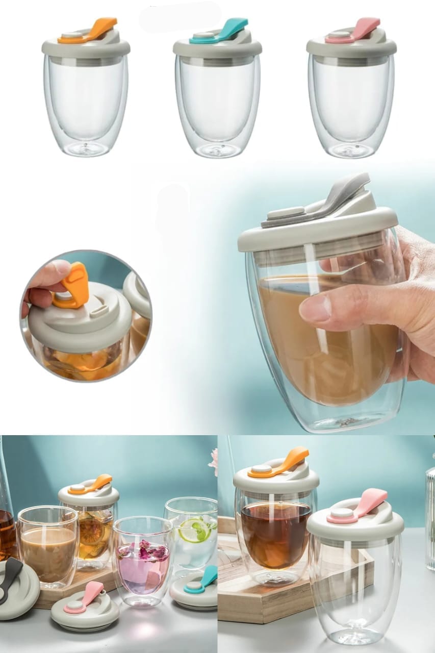 With Lid, Glass Mug with Double Walls