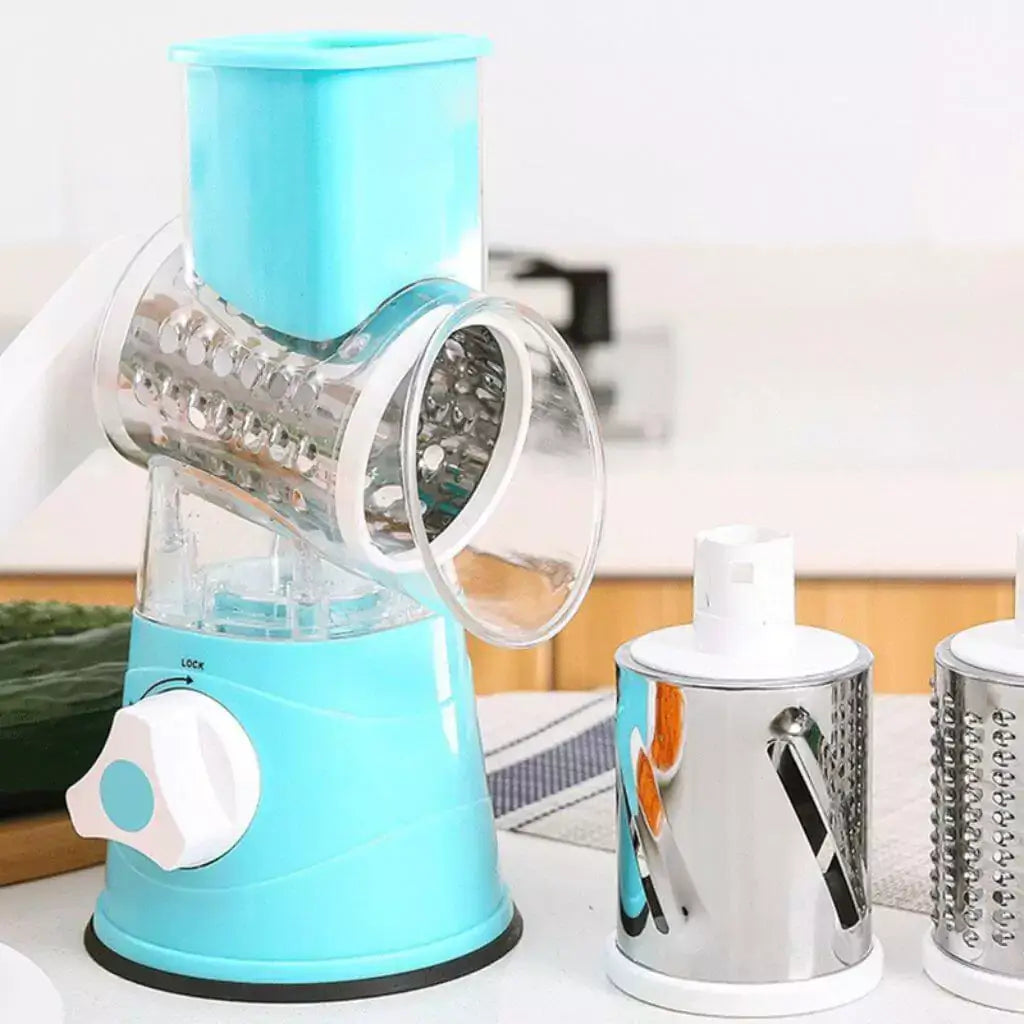 Tabletop Drum Rotary Cheese Grater Slicer: A 3-in-1 Rotary Shredder Slicer that is a Multifunctional Kitchen Gadget for Slicing Carrot, Nut, Cucumber, and Vegetable Salad.