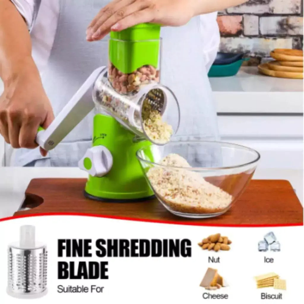 Tabletop Drum Rotary Cheese Grater Slicer: A 3-in-1 Rotary Shredder Slicer that is a Multifunctional Kitchen Gadget for Slicing Carrot, Nut, Cucumber, and Vegetable Salad.